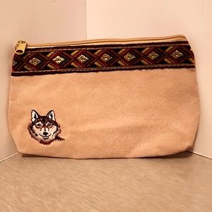 Suede Zipper Pouch w/Wolf